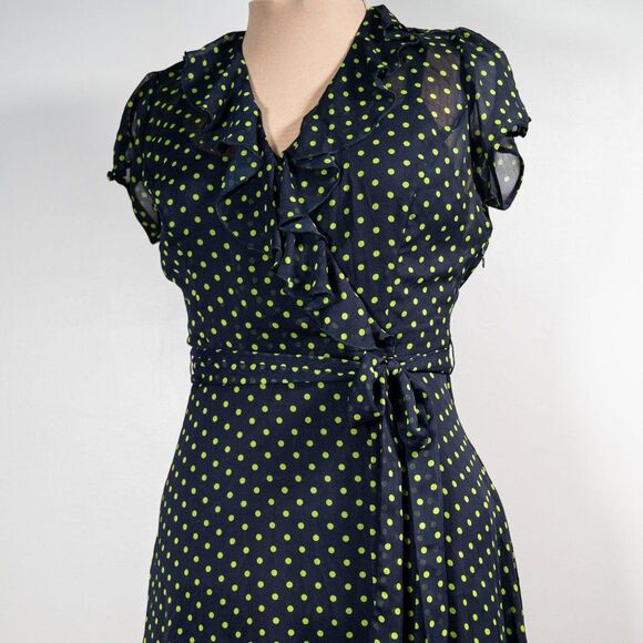 MSK Navy Blue and Green Polka Dot Faux Wrap Midi Belted Dress - Picture 3 of 6